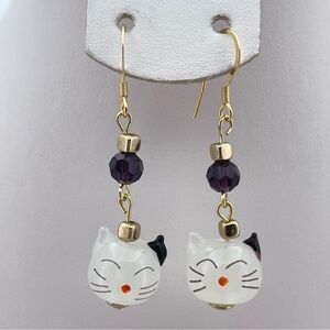 New Lampwork Glass Cat Earrings 18K Gold Plated Hooks Cute Whimsical